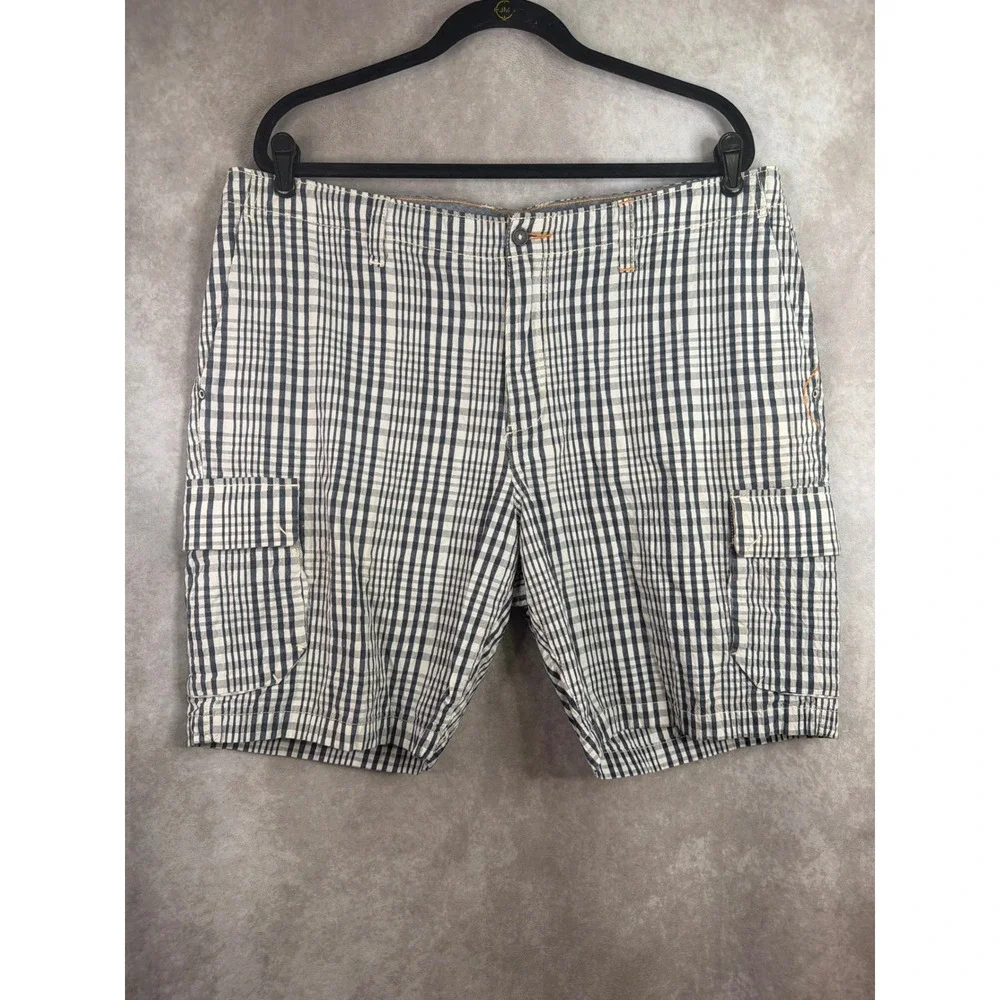 Tommy Bahama Cargo Shorts Mens 38 Navy White Plaid Cotton Tencel Casual Preppy